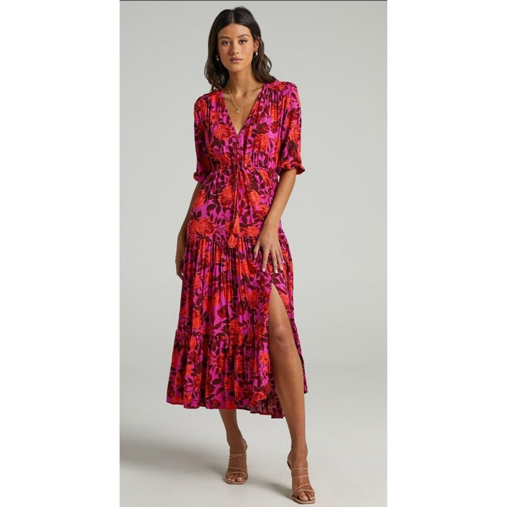 Showpo Revolve Pink Floral print midi Dress size 10 New Guest Garden party